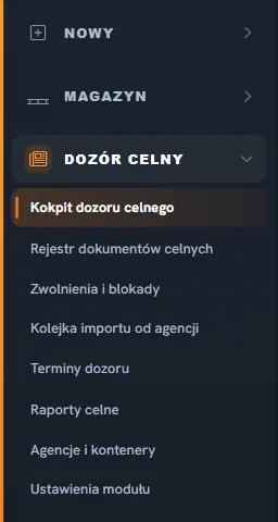 Studio WMS.net - menu sekcji DOZÓR CELNY Menu boczne Studio WMS.net z rozwiniętą sekcją DOZÓR CELNY i ośmioma pozycjami od Kokpitu po Ustawienia modułu