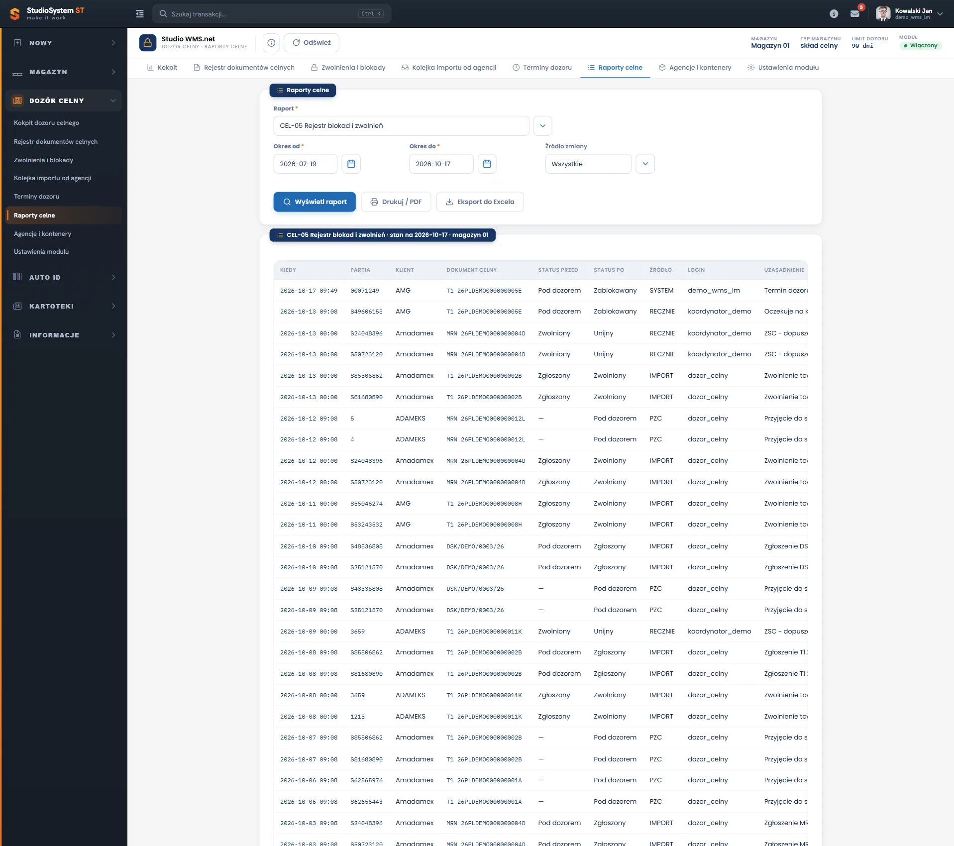Studio WMS.net - raport CEL-05 rejestr blokad i zwolnień Raport CEL-05 Rejestr blokad i zwolnień: lista zmian statusu celnego z kolumnami Status przed, Status po i Źródło