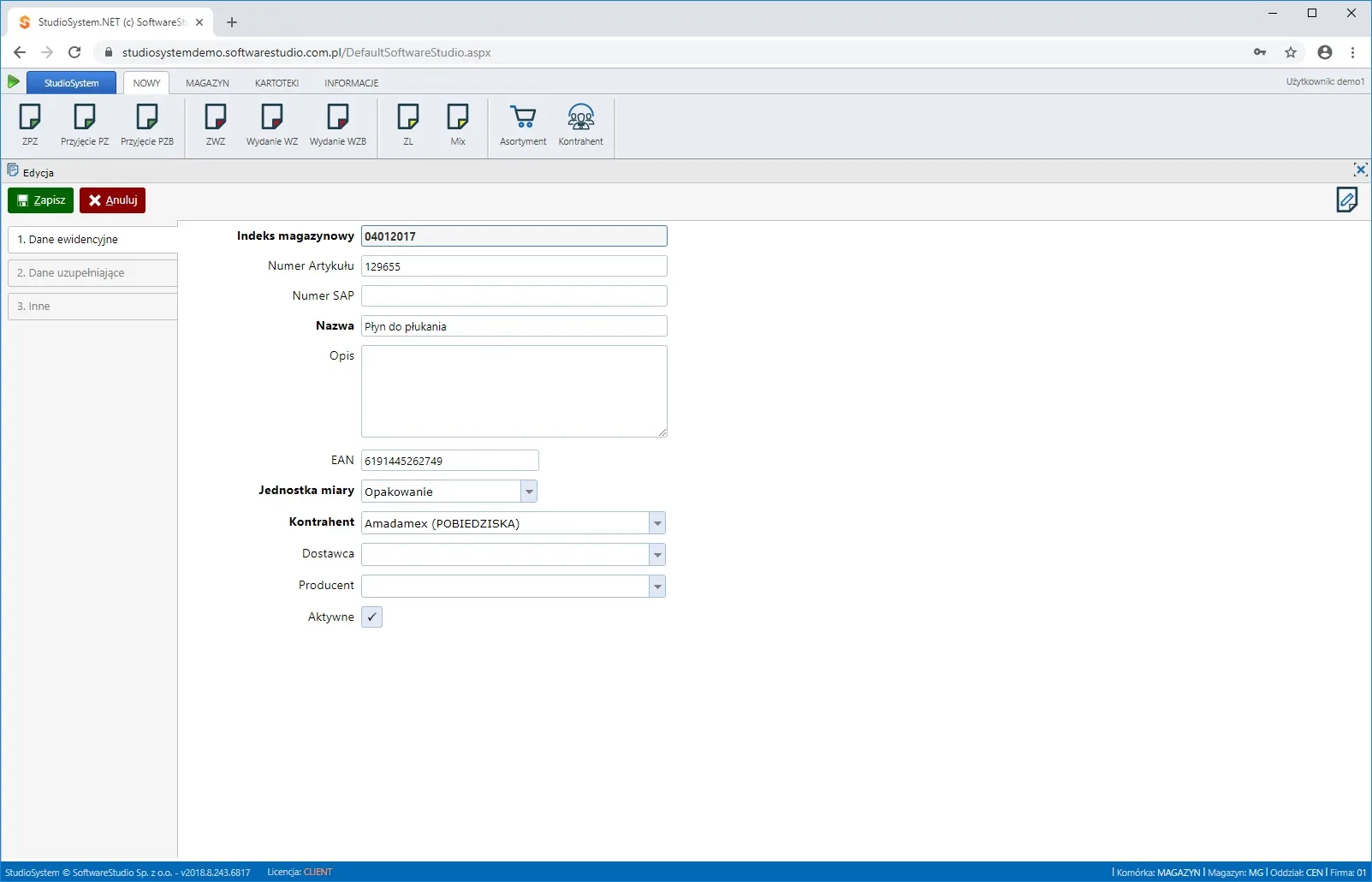 System WMS oprogramowanie magazynowe asortyment edycja