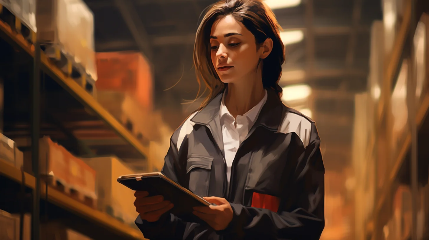 Ilustracja pracownicy magazynu z tabletem w ręku między regałami z towarem