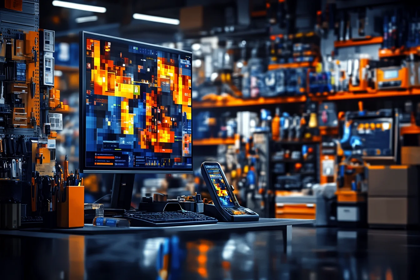 Monitor z dashboardem danych magazynowych na biurku