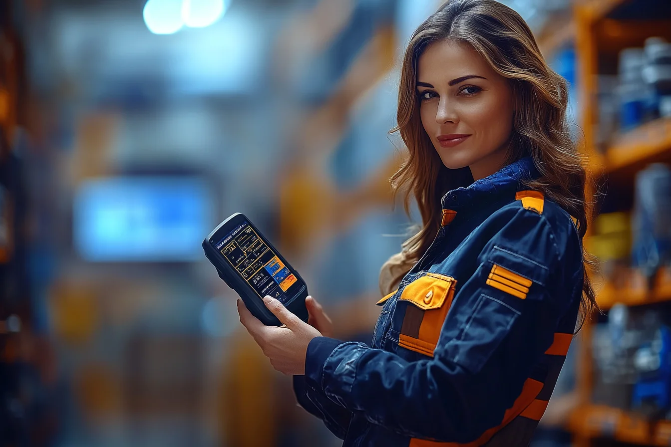 Pracownica magazynu trzymająca czarny terminal skanujący z aplikacją WMS na ekranie