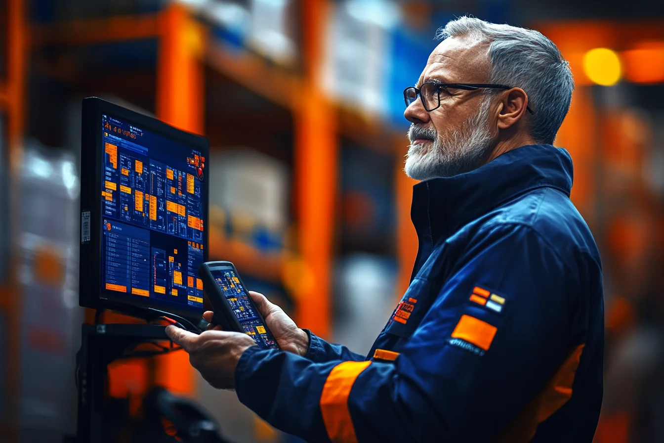 Starszy mężczyzna trzyma terminal danych, w tle ekran z rozbudowanym panelem systemu WMS