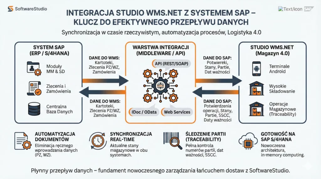 Schemat prezentujący proces integracji systemu Studio WMS.net z systemem SAP (ERP/S4HANA) poprzez warstwę integracji Middleware API.