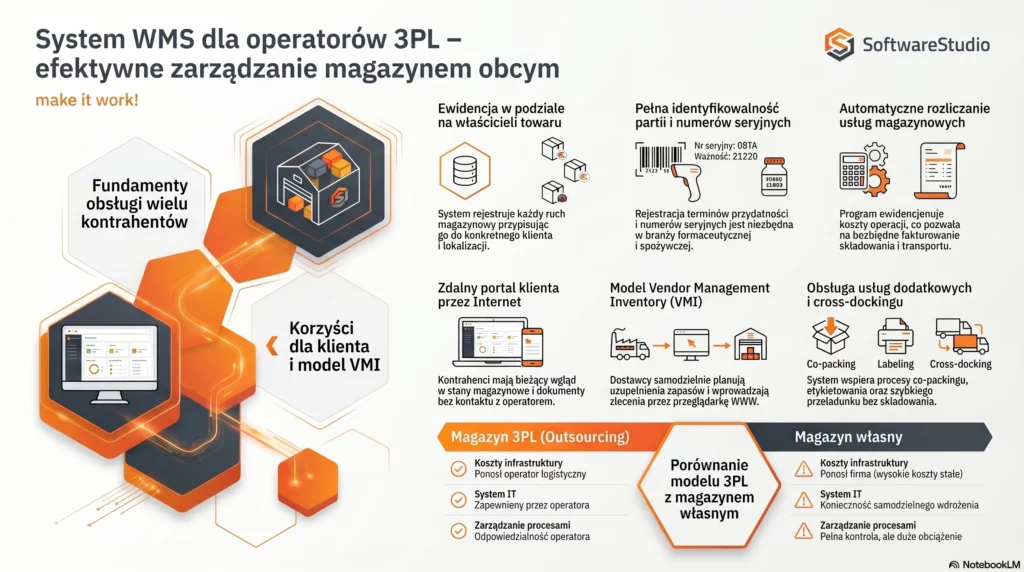 System WMS dla operatorów 3PL SoftwareStudio wspomagający zarządzanie magazynem obcym i logistykę wielu kontrahentów.