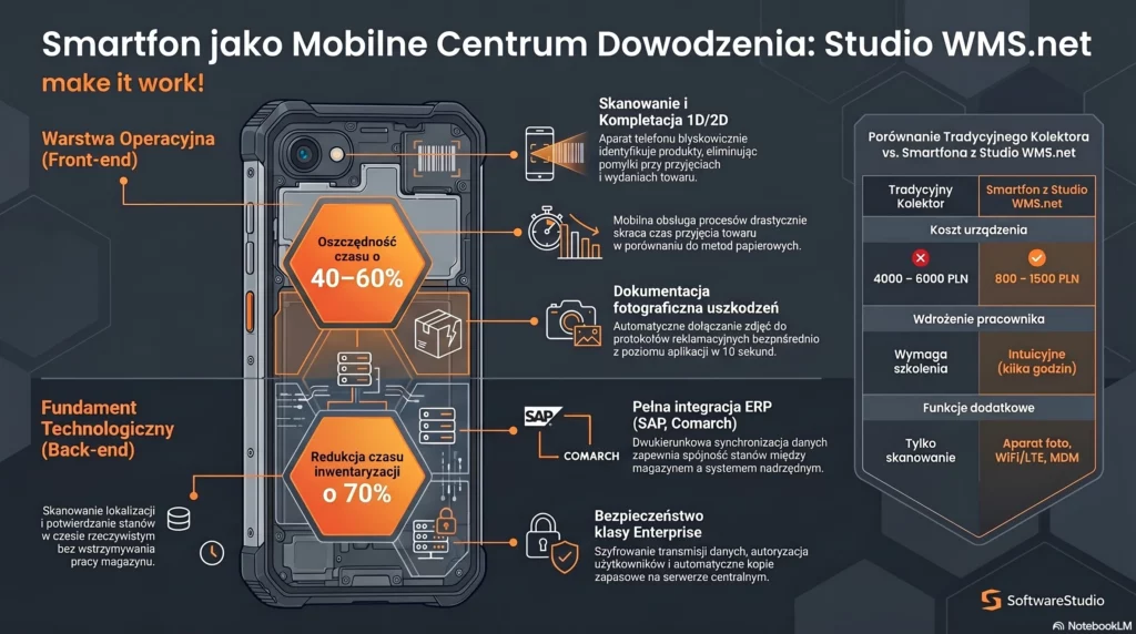 Smartfon z oprogramowaniem Studio WMS.net jako mobilne centrum dowodzenia w magazynie i integracja z systemami ERP.